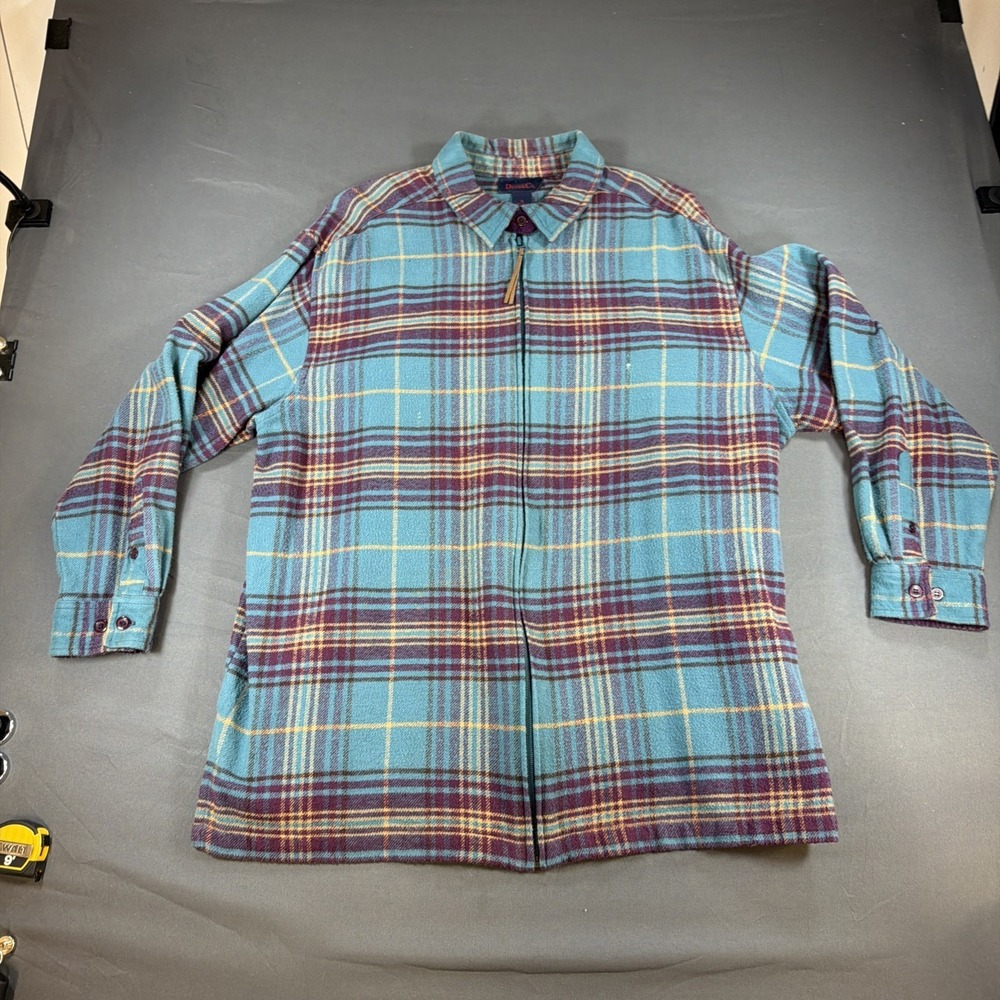 vintage Denim & Co. teal, purple, and yellow plaid zip-up flannel shirt 1X